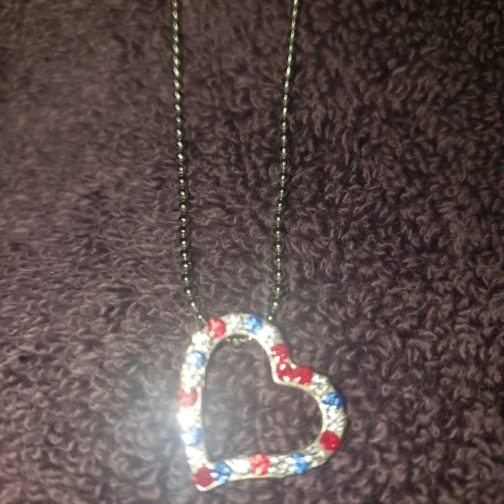 Cookie Lee Patriotic Heart Red White Blue Silver tone necklace Sparkly